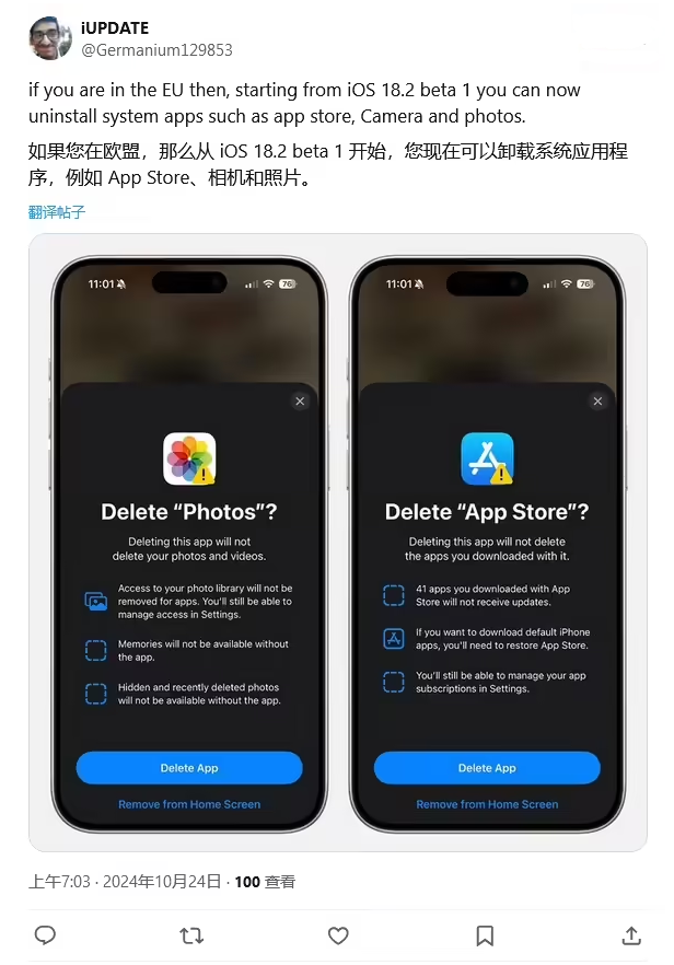 鹤岗苹果手机维修分享iOS 18.2 支持删除 App Store 应用商店 